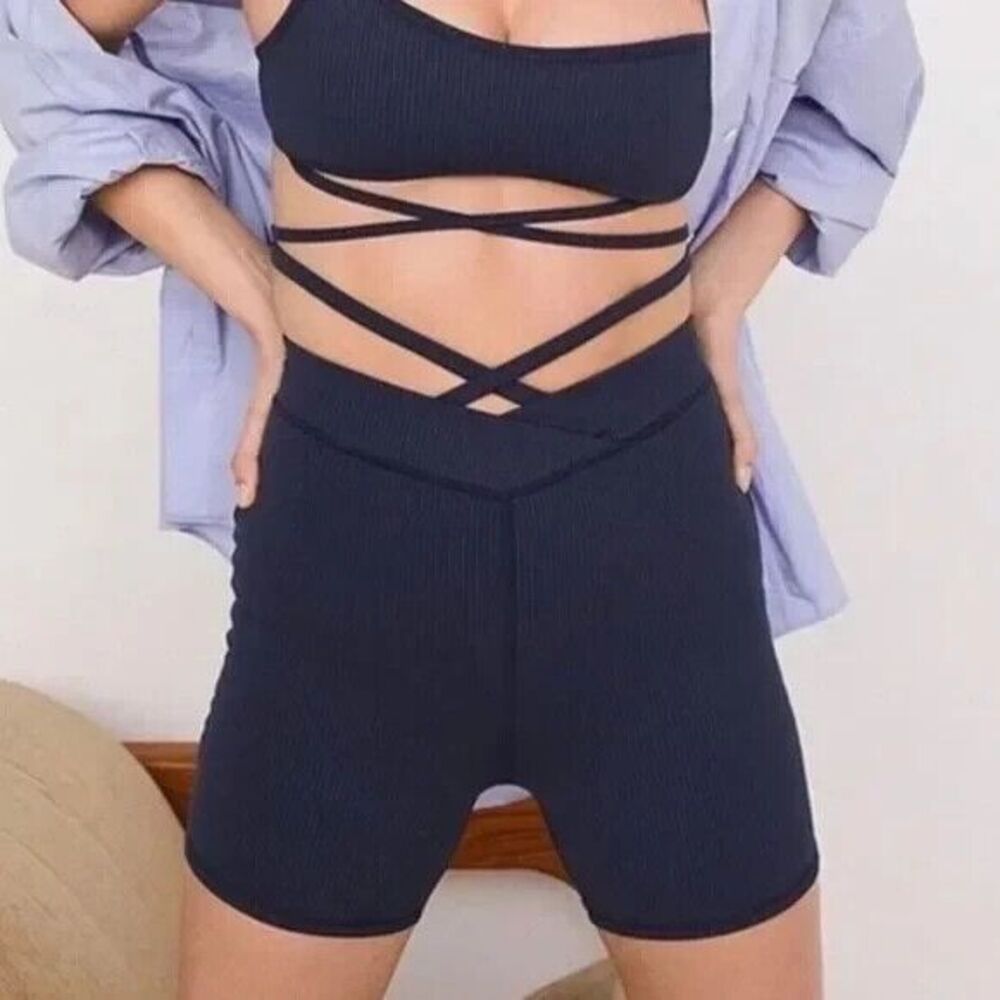 For Love & Lemons Chloe Biker Ribbed Shorts Midnight Blue Cross Waist Strap XXS